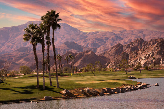 golf courseat sunset  in palm springs, california