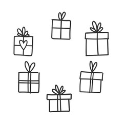Hand drawn gifts collection. Present box with ribbons. Doodle illustrations. Christmas gift symbols.