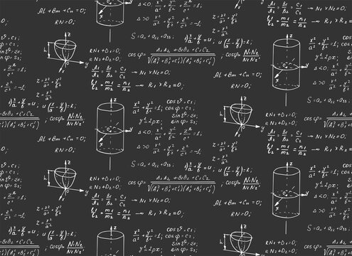 Retro education background. Trigonometry law theory and mathematical formula equation on chalkboard. Vector hand-drawn seamless pattern.