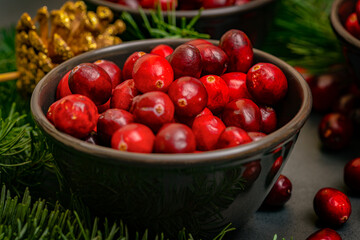 Cranberries in a bowl on a dark background. Christmas decorations