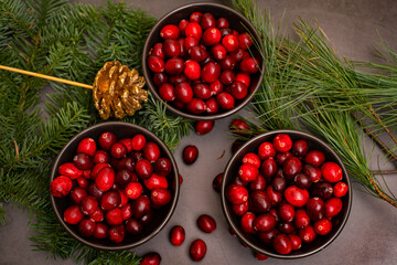 Cranberries in a bowl on a dark background. Christmas decorations