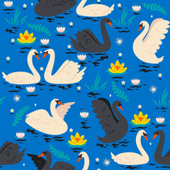 Seamless pattern with swans on the pond. Vector graphics.