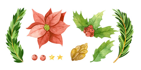 Christmas clipart collection with Poinsettia flowers, fir branches and holly leaves. Classic Christmas plants, Watercolor illustration. Template for postcards, business cards, posters, banners