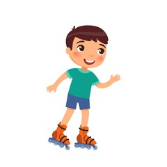 Cute boy roller skating flat vector illustration. Little boy using rollerskate cartoon character. Kid with self balancing isolated on white. Sport and recreation