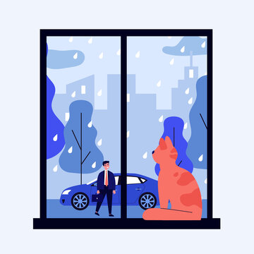 Red Cat In Windowsill. Pet Looking Out Window, Watching His Owner Outside In Rain Flat Vector Illustration. Domestic Animal Concept For Banner, Website Design Or Landing Web Page