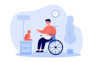 Friendly disabled guy keeping cats. Person on wheelchair, pets, home flat vector illustration. Disability, animals care, therapy concept for banner, website design or landing web page