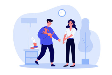 Woman suffering from dog allergy. Boyfriend with pet, rash, itchiness flat vector illustration. Allergen or domestic animal concept for banner, website design or landing web page