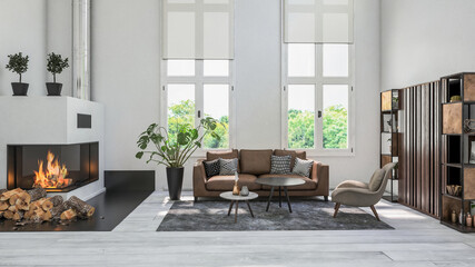 Cozy white design style scandinavian style living room interior with sofa. 3d Rendering © XtravaganT