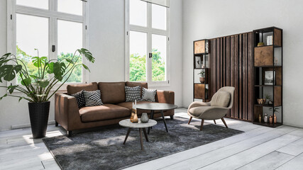 Cozy white design style scandinavian style living room interior with sofa. 3d Rendering