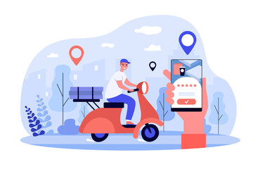 Cheerful couriers riding scooter and delivering parcels. Hand with cell, map pointers, city flat vector illustration. Shipping, application concept for banner, website design or landing web page