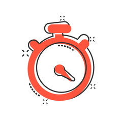 Clock icon in comic style. Watch cartoon vector illustration on white isolated background. Timer splash effect business concept.