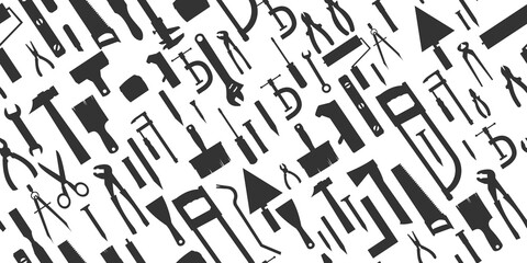 Construction tools. Background. For work as a painter, carpenter, builder, handyman. Repair and construction services. Sale of tools. Monochrome silhouette.