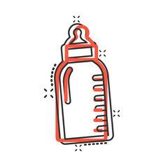 Baby bottle icon in comic style. Milk container cartoon vector illustration on white isolated background. Drink glass splash effect business concept.