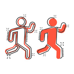 Run people icon in comic style. Jump cartoon vector illustration on white isolated background. Fitness splash effect business concept.