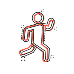 Run people icon in comic style. Jump cartoon vector illustration on white isolated background. Fitness splash effect business concept.