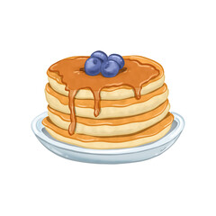 pancake with illustration. Pancake on white plate. Baking with syrup or honey. Breakfast concept