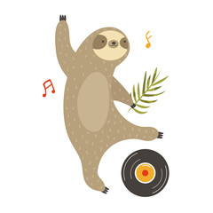 Vector illustration of a funny sloth dancing on a vinyl.