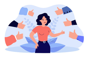 Proud positive woman surrounded by hands with thumbs up isolated flat vector illustration. Happy cartoon character accepting public approval and smiling. Respect and audience recognition concept - obrazy, fototapety, plakaty