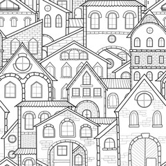 seamless pattern various cute houses with tiled roofs, brick walls, arches and round windows