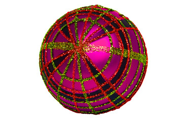 Obraz premium Christmas decoration isolated. Closeup of a decorative pink green glittering christmas bauble or ball isolated on a white background. Macro.