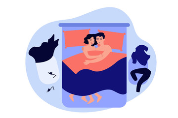 Funny romantic couple lying in bed after sex and hugging flat vector illustration. Cartoon man and woman in love sleeping in bedroom, clothes scattered around. Sexual relationship and intimacy concept