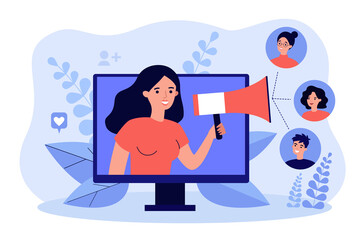 Happy customers participating in referral program in internet flat vector illustration. Cartoon new market strategy of client digital interaction. Social media, business and management concept