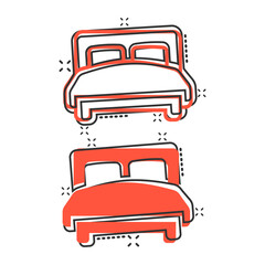 Bed icon in comic style. Bedroom cartoon sign vector illustration on white isolated background. Bedstead splash effect business concept.