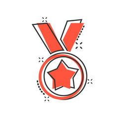 Medal icon in comic style. Prize cartoon sign vector illustration on white isolated background. Trophy award splash effect business concept.