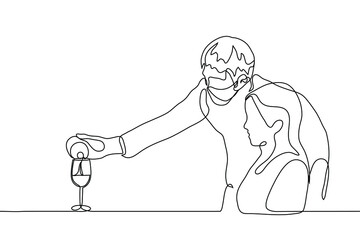 masked waiter pours wine into a glass of a woman visitor in a restaurant. one line drawing restaurant service in a pandemic