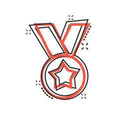 Medal icon in comic style. Prize cartoon sign vector illustration on white isolated background. Trophy award splash effect business concept.