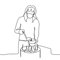 masked woman pours soup into a plate. one line drawing woman volunteer lays food for needy, concept of kindness, help, empathy, charity