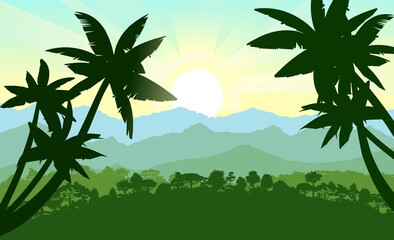 Palm trees. Jungle silhouette. Rainforest. Panoramic landscape. On the horizon there are mountains and the morning sun. Dense tropical forest with exotic trees. Vector