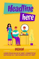 Young man visiting hairdresser. Red haired guy sitting at with woman in apron behind flat vector illustration. Hairdressing saloon, hairstyle concept for banner, website design or landing web page