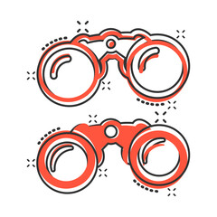 Binocular icon in comic style. Search cartoon vector illustration on white isolated background. Zoom splash effect business concept.