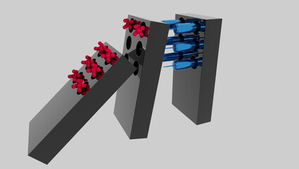 Falling Covid affected dominoes supported by vaccinated domino