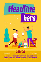 Family making messy at home. Dad, toddler son and dog playing at home, mother upset about chaos flat vector illustration. Parenthood, child care concept for banner, website design or landing web page