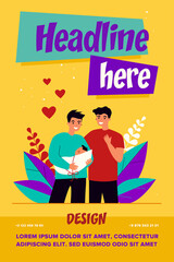 Male gay couple adopting baby. Two happy young men holding new born child flat vector illustration. LGBT family, parenthood, child care concept for banner, website design or landing web page