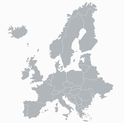 Vector illustration political map of Europe. Gray card without texts