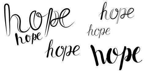 set of lettering hope in different styles, fight against breast cancer, outline, print for textile, paper design, raster copy