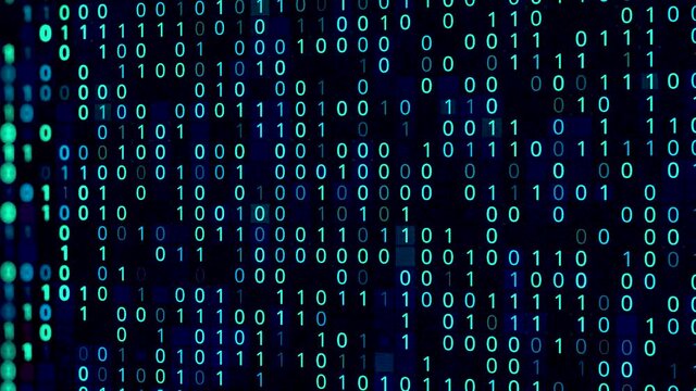 Information flow, waves of one and zero numbers on black background, seamless loop. Animation. Binary code with colorful digits, concept of programming.
