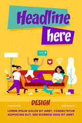 Mom with laptop living on social media. Children and pet making messy at home. flat vector illustration. Careless mother, internet addiction concept for banner, website design or landing web page
