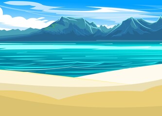 Fototapeta na wymiar Seaside. Surf line. Sea and waves. On the horizon there is a rocky shore. Flat style illustration. Sand beach. Vector