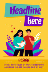 Happy new parents holding baby. Young mom and dad, heart symbol, new born child flat vector illustration. Having baby, parenthood, child care concept for banner, website design or landing web page