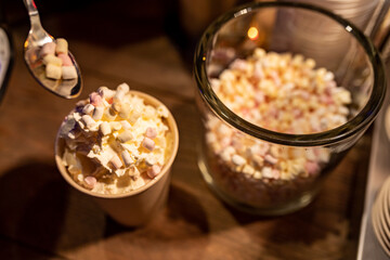 A cup of hot coco with whip-cream and little marsh-mellows on top  