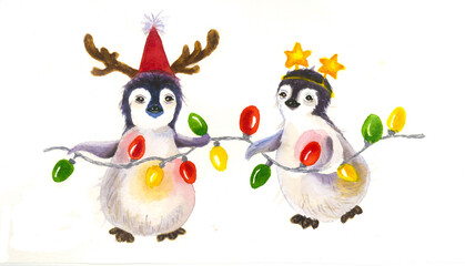 Reindeer family penguin. Christmas party holiday. Little animal. Baby penguin. Hand painted watercolor.