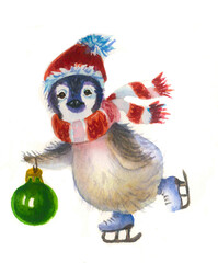 North pole. Baby penguin. Cute animal. Watercolor hand painted zoo.