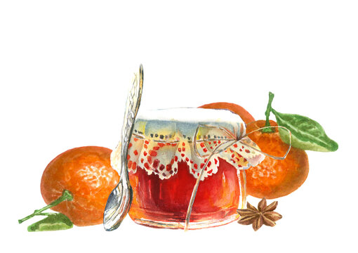 Tangerine juse isolated.Mandarin orange fruit jam. Christmas menu. Vintage glass confiture. Breakfast conserve. Isolated. Cinnamon rolls. Vintage spoon. Art.