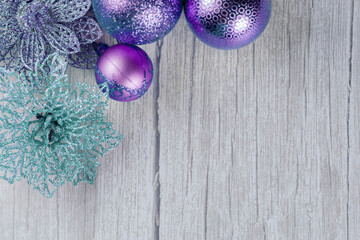 Christmas decorations on a wooden background with copy space