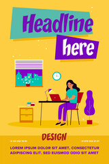 Woman working at night. Female freelance designer at workplace with laptop at home. Vector illustration for freelancer, overwork, deadline, student concept
