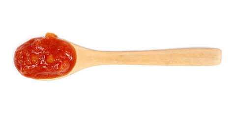 Sauce made from tomatoes, garlic, onions, carrots and basil with wooden spoon, isolated on white background top view 